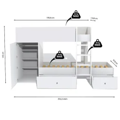 Weber Industries Lit superposé TWIN 90x190 avec armoire et tiroirs + 2 sommiers / Blanc Online