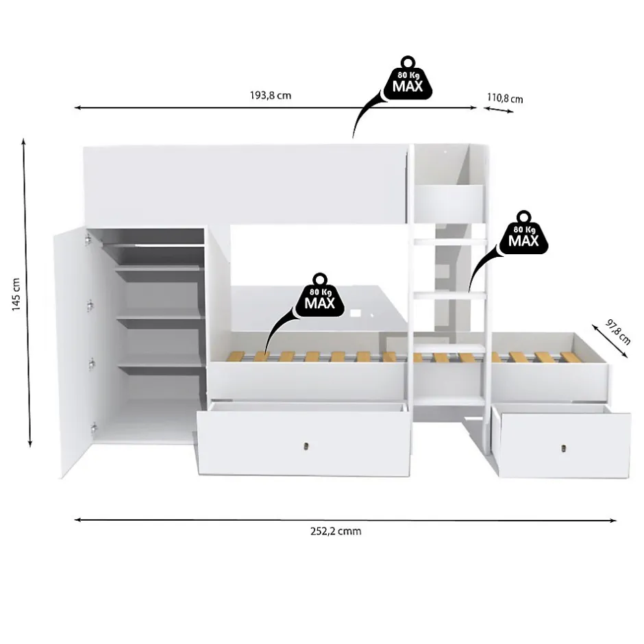 Weber Industries Lit superposé TWIN 90x190 avec armoire et tiroirs + 2 sommiers / Blanc Online