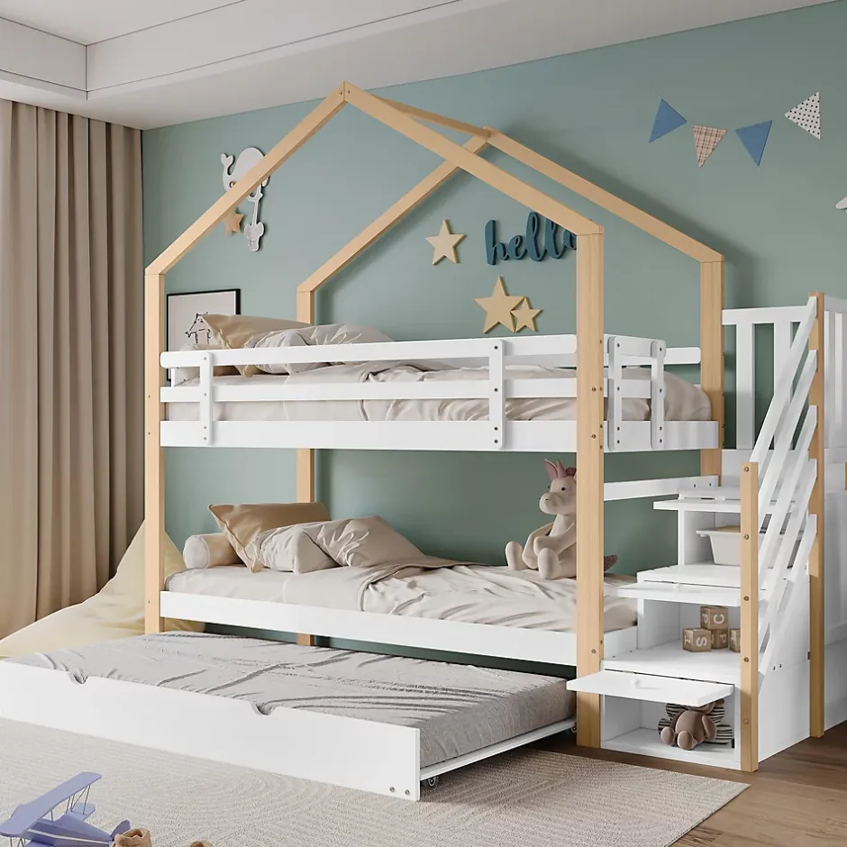 Okwish Lit Superposé 90x200 & 90x190 cm - Lit enfant avec Protection, Lit Cabane avec Échelle, Lit en Bois Naturel et Blanc, Sans Matelas New