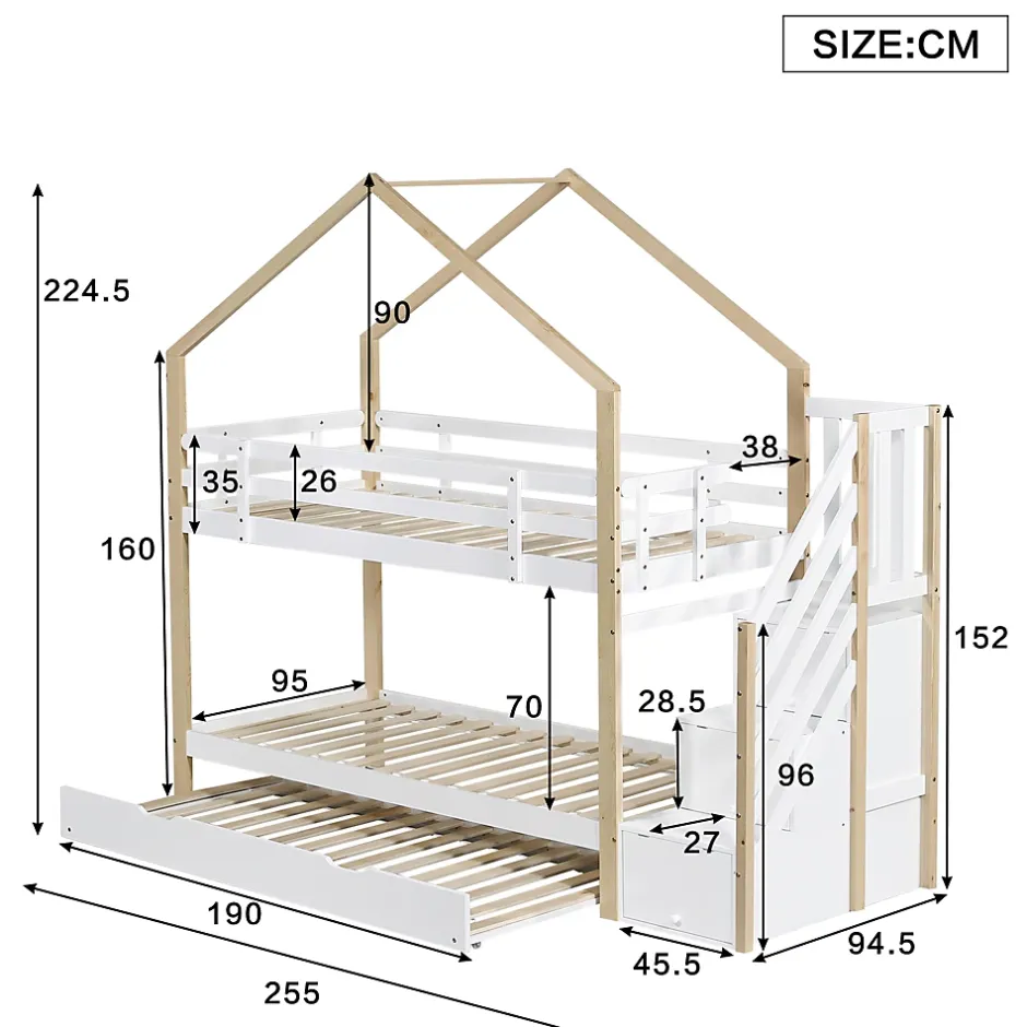 Okwish Lit Superposé 90x200 & 90x190 cm - Lit enfant avec Protection, Lit Cabane avec Échelle, Lit en Bois Naturel et Blanc, Sans Matelas New