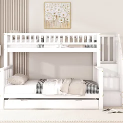 Enfant Redom Lit superposé 90x200 / 140x200 cm avec lit gigogne et sommier à lattes inclus en pin blanc
