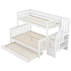 Enfant Redom Lit superposé 90x200 / 140x200 cm avec lit gigogne et sommier à lattes inclus en pin blanc