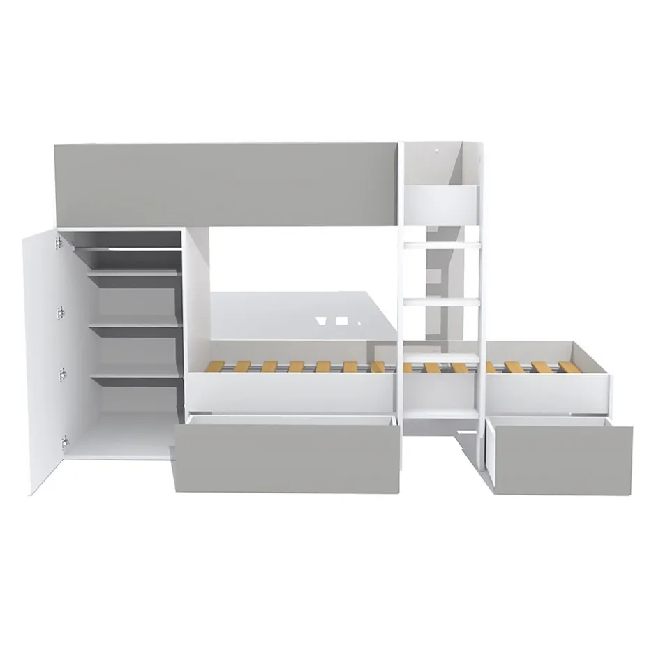 Enfant Bb Loisir Lit superposé 90x190 avec armoire et tiroirs TWEEL Gris et Blanc incl. 2 sommiers