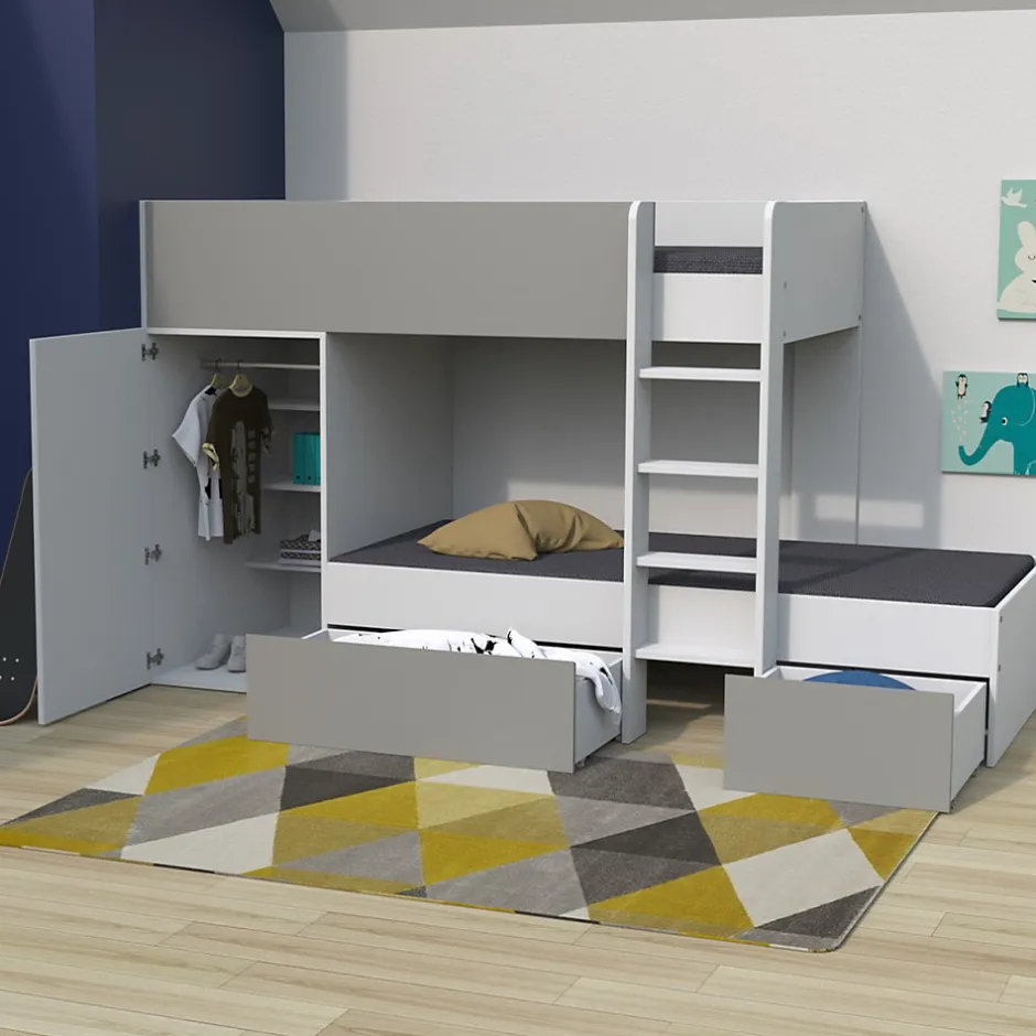 Enfant Bb Loisir Lit superposé 90x190 avec armoire et tiroirs TWEEL Gris et Blanc incl. 2 sommiers