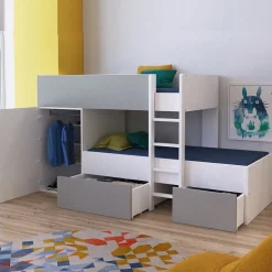 Enfant Bb Loisir Lit superposé 90x190 avec armoire et tiroirs TWEEL Gris et Blanc incl. 2 sommiers