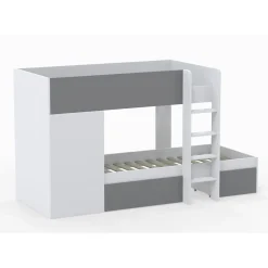 Enfant Bb Loisir Lit superposé 90x190 avec armoire et tiroirs TWEEL Gris et Blanc incl. 2 sommiers