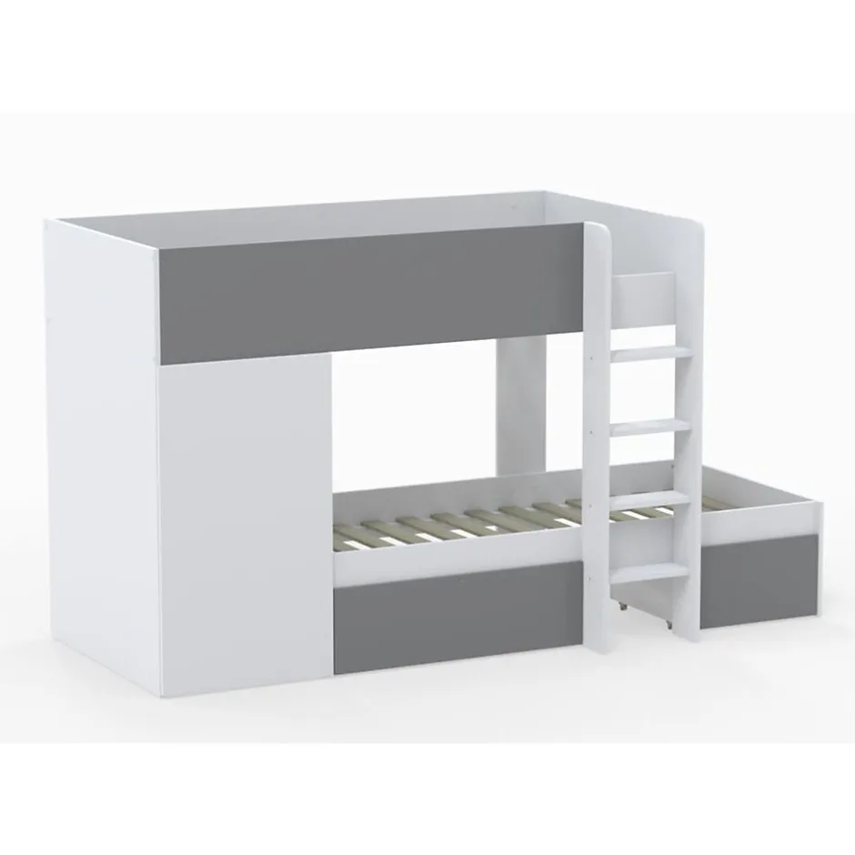 Enfant Bb Loisir Lit superposé 90x190 avec armoire et tiroirs TWEEL Gris et Blanc incl. 2 sommiers