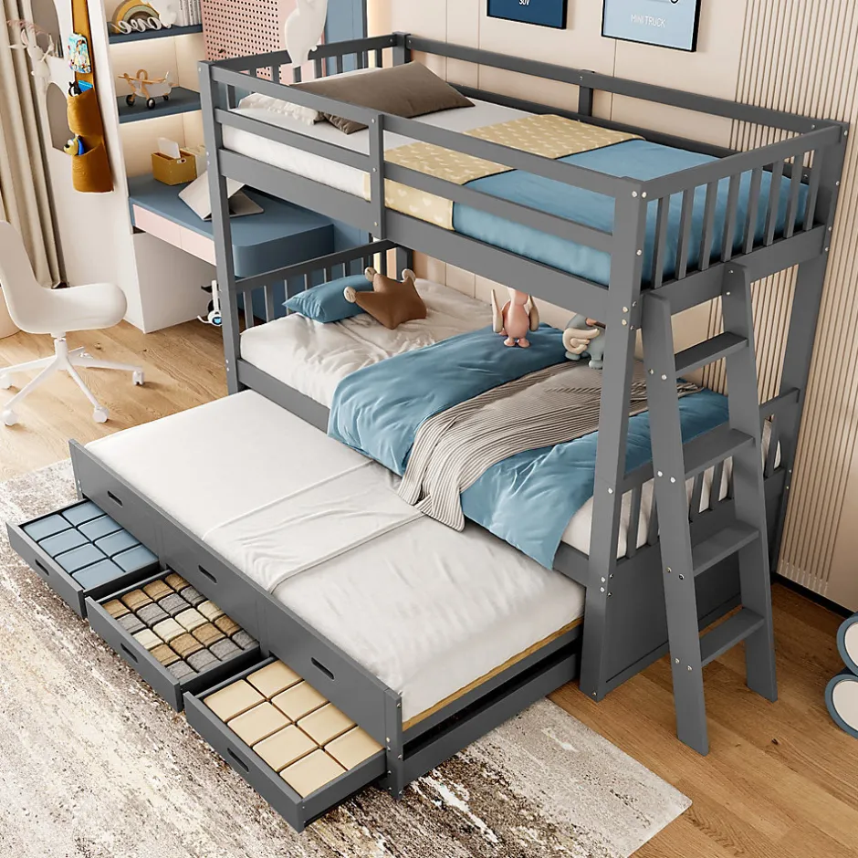 Enfant Okwish Lit Superposé 90x200 Cm - avec Lit Gigogne et 3 Tiroirs, Sans Matelas - Pin et MDF, Gris