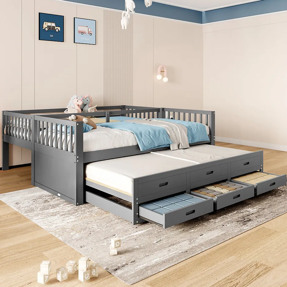 Enfant Okwish Lit Superposé 90x200 Cm - avec Lit Gigogne et 3 Tiroirs, Sans Matelas - Pin et MDF, Gris