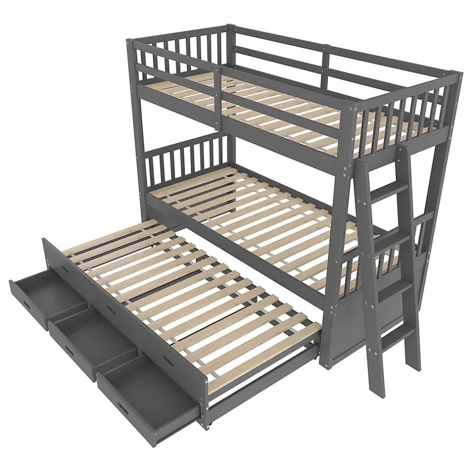 Enfant Okwish Lit Superposé 90x200 Cm - avec Lit Gigogne et 3 Tiroirs, Sans Matelas - Pin et MDF, Gris