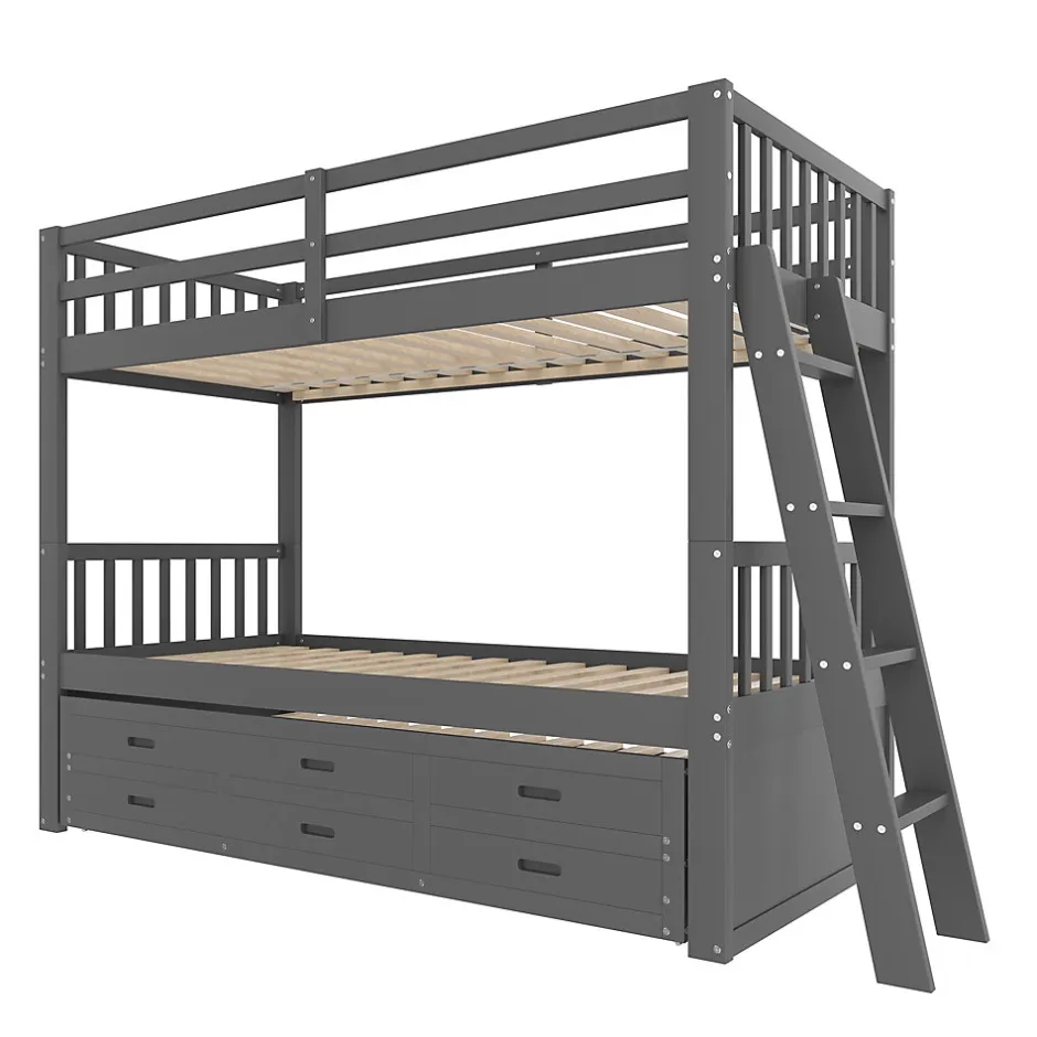 Enfant Okwish Lit Superposé 90x200 Cm - avec Lit Gigogne et 3 Tiroirs, Sans Matelas - Pin et MDF, Gris