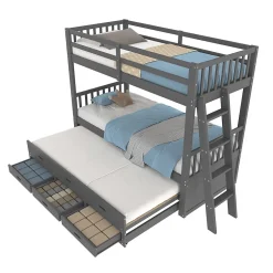 Enfant Okwish Lit Superposé 90x200 Cm - avec Lit Gigogne et 3 Tiroirs, Sans Matelas - Pin et MDF, Gris