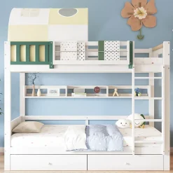 Okwish Lit Superposé 90x200 cm - Lit Cabane enfant avec Petite Tente, Échelle et 2 Tiroirs à Roulettes, Bois de Pin, Blanc, Sans Matelas Outlet