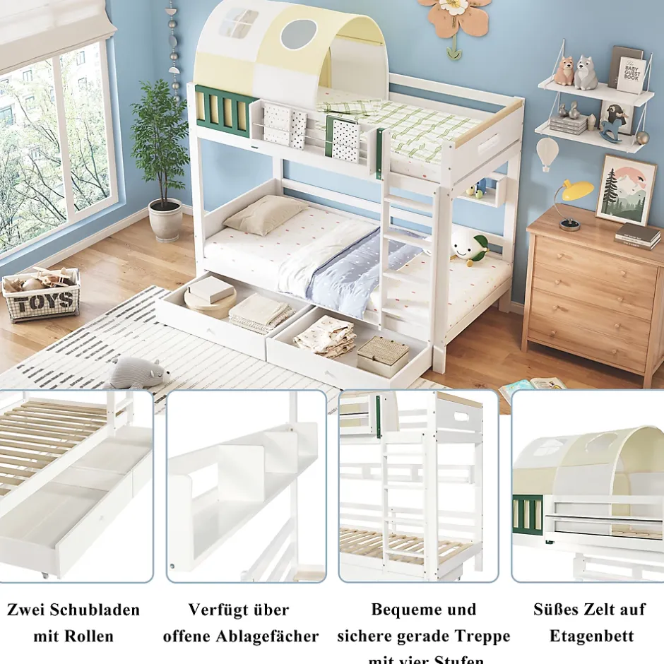 Okwish Lit Superposé 90x200 cm - Lit Cabane enfant avec Petite Tente, Échelle et 2 Tiroirs à Roulettes, Bois de Pin, Blanc, Sans Matelas Outlet
