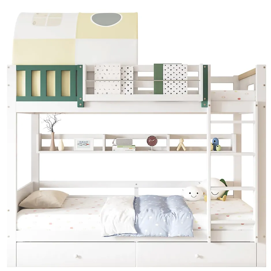 Okwish Lit Superposé 90x200 cm - Lit Cabane enfant avec Petite Tente, Échelle et 2 Tiroirs à Roulettes, Bois de Pin, Blanc, Sans Matelas Outlet