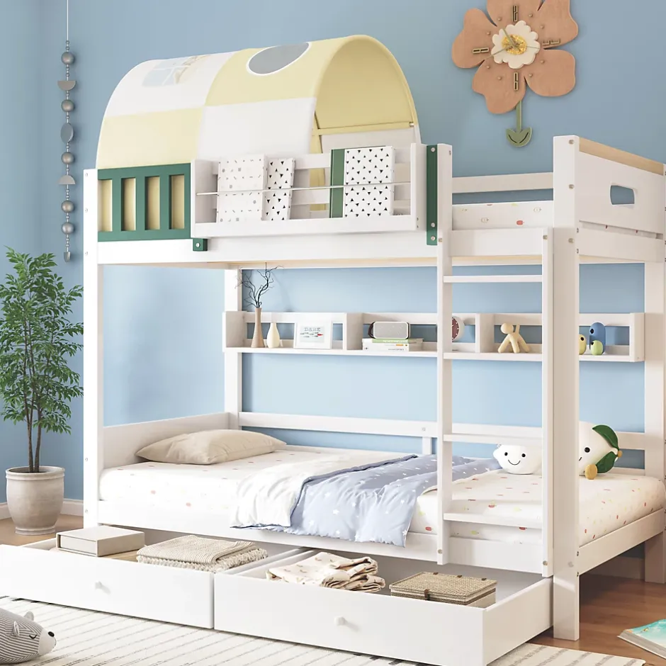 Okwish Lit Superposé 90x200 cm - Lit Cabane enfant avec Petite Tente, Échelle et 2 Tiroirs à Roulettes, Bois de Pin, Blanc, Sans Matelas Outlet