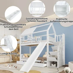 Enfant Okwish Lit Superposé 90x200 cm - Lit Cabane enfant avec Lit Gigogne, Toboggan et Rangement - Bois Pin, MDF et Contreplaqué - Blanc
