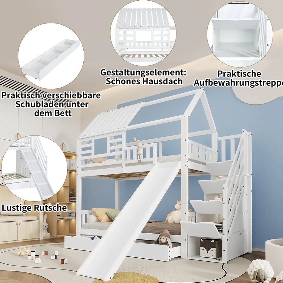 Enfant Okwish Lit Superposé 90x200 cm - Lit Cabane enfant avec Lit Gigogne, Toboggan et Rangement - Bois Pin, MDF et Contreplaqué - Blanc