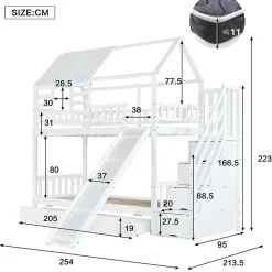 Enfant Okwish Lit Superposé 90x200 cm - Lit Cabane enfant avec Lit Gigogne, Toboggan et Rangement - Bois Pin, MDF et Contreplaqué - Blanc