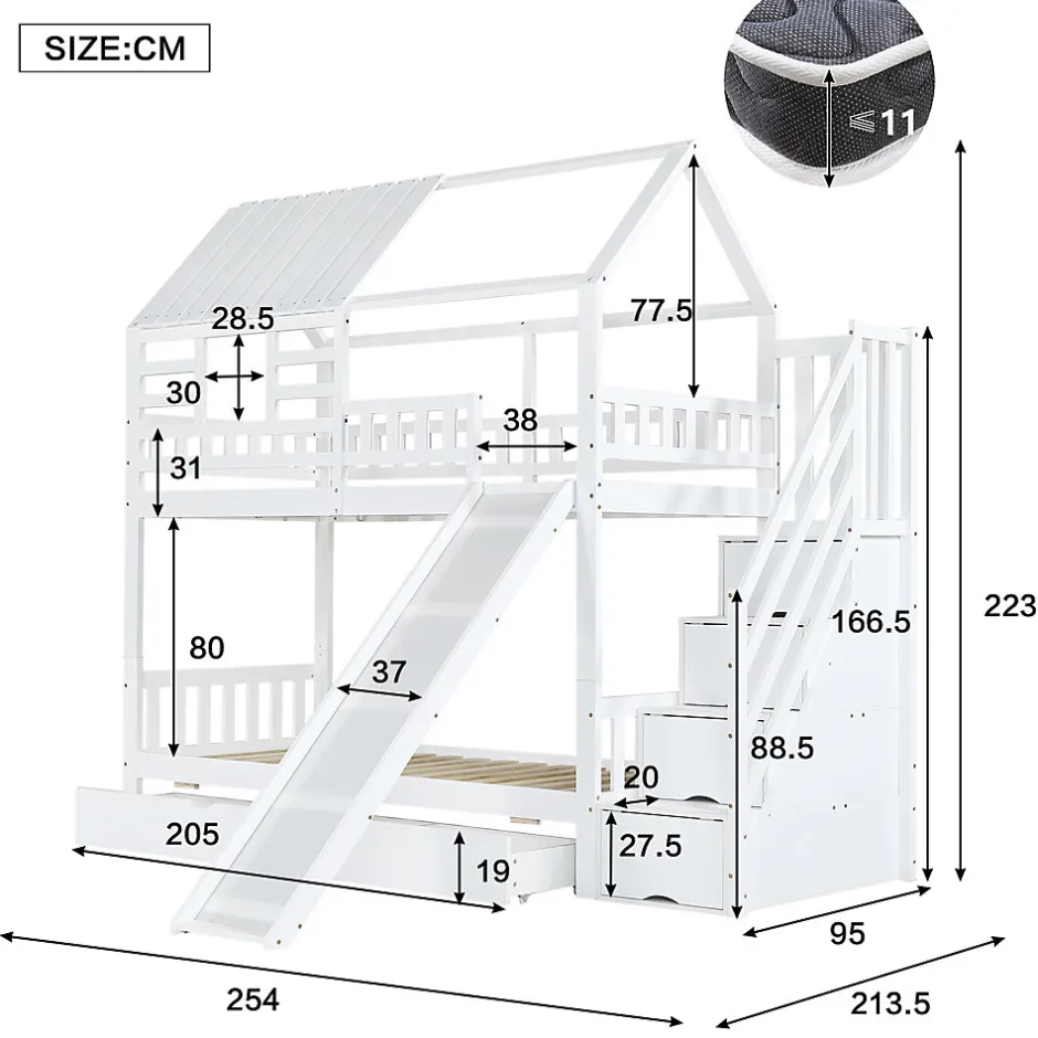 Enfant Okwish Lit Superposé 90x200 cm - Lit Cabane enfant avec Lit Gigogne, Toboggan et Rangement - Bois Pin, MDF et Contreplaqué - Blanc