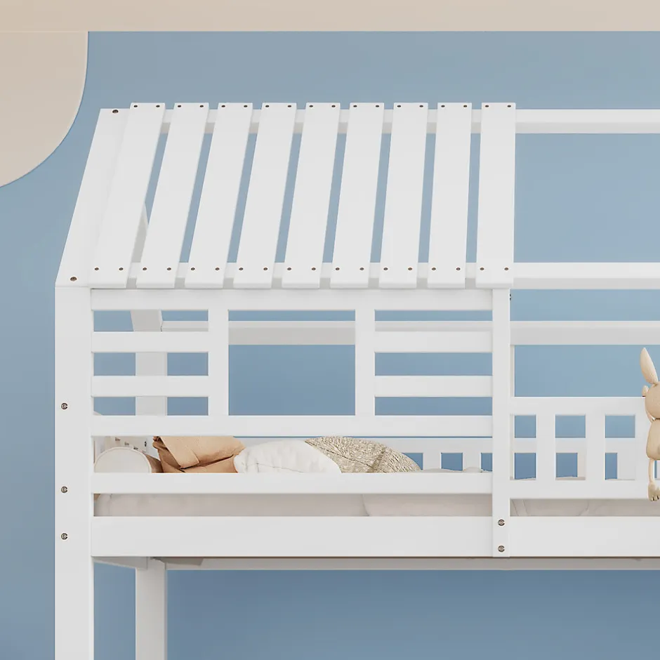 Enfant Okwish Lit Superposé 90x200 cm - Lit Cabane enfant avec Lit Gigogne, Toboggan et Rangement - Bois Pin, MDF et Contreplaqué - Blanc