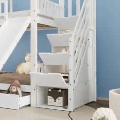 Enfant Okwish Lit Superposé 90x200 cm - Lit Cabane enfant avec Lit Gigogne, Toboggan et Rangement - Bois Pin, MDF et Contreplaqué - Blanc