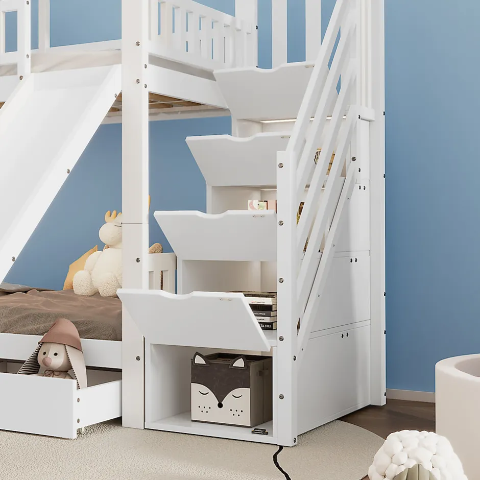 Enfant Okwish Lit Superposé 90x200 cm - Lit Cabane enfant avec Lit Gigogne, Toboggan et Rangement - Bois Pin, MDF et Contreplaqué - Blanc