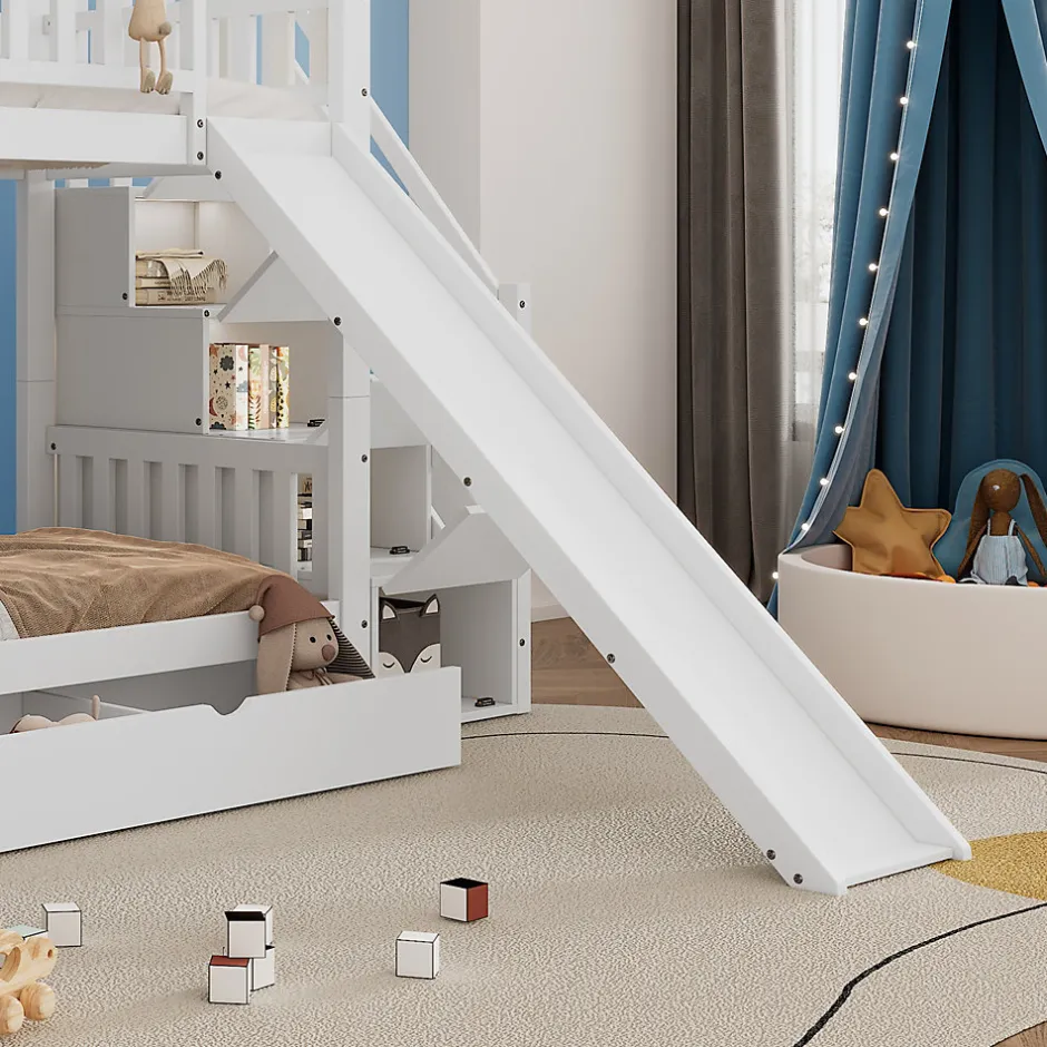 Enfant Okwish Lit Superposé 90x200 cm - Lit Cabane enfant avec Lit Gigogne, Toboggan et Rangement - Bois Pin, MDF et Contreplaqué - Blanc