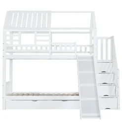 Enfant Okwish Lit Superposé 90x200 cm - Lit Cabane enfant avec Lit Gigogne, Toboggan et Rangement - Bois Pin, MDF et Contreplaqué - Blanc