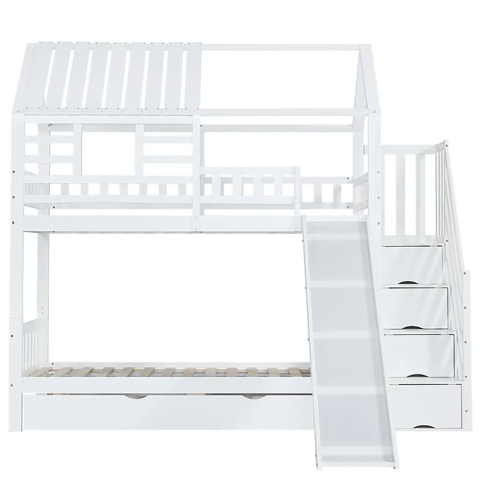 Enfant Okwish Lit Superposé 90x200 cm - Lit Cabane enfant avec Lit Gigogne, Toboggan et Rangement - Bois Pin, MDF et Contreplaqué - Blanc