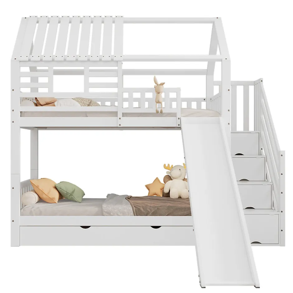 Enfant Okwish Lit Superposé 90x200 cm - Lit Cabane enfant avec Lit Gigogne, Toboggan et Rangement - Bois Pin, MDF et Contreplaqué - Blanc