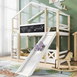 Enfant Okwish Lit superposé 90x200 cm - Lit cabane enfant avec toboggan et échelle - Bois massif - Sommier extensible - Sans matelas - Blanc