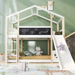 Enfant Okwish Lit superposé 90x200 cm - Lit cabane enfant avec toboggan et échelle - Bois massif - Sommier extensible - Sans matelas - Blanc