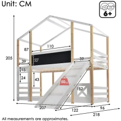 Enfant Okwish Lit superposé 90x200 cm - Lit cabane enfant avec toboggan et échelle - Bois massif - Sommier extensible - Sans matelas - Blanc