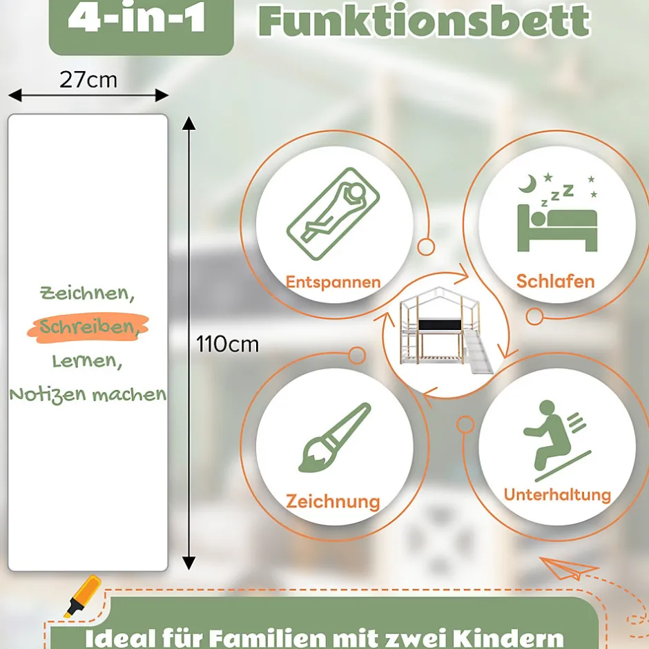Enfant Okwish Lit superposé 90x200 cm - Lit cabane enfant avec toboggan et échelle - Bois massif - Sommier extensible - Sans matelas - Blanc