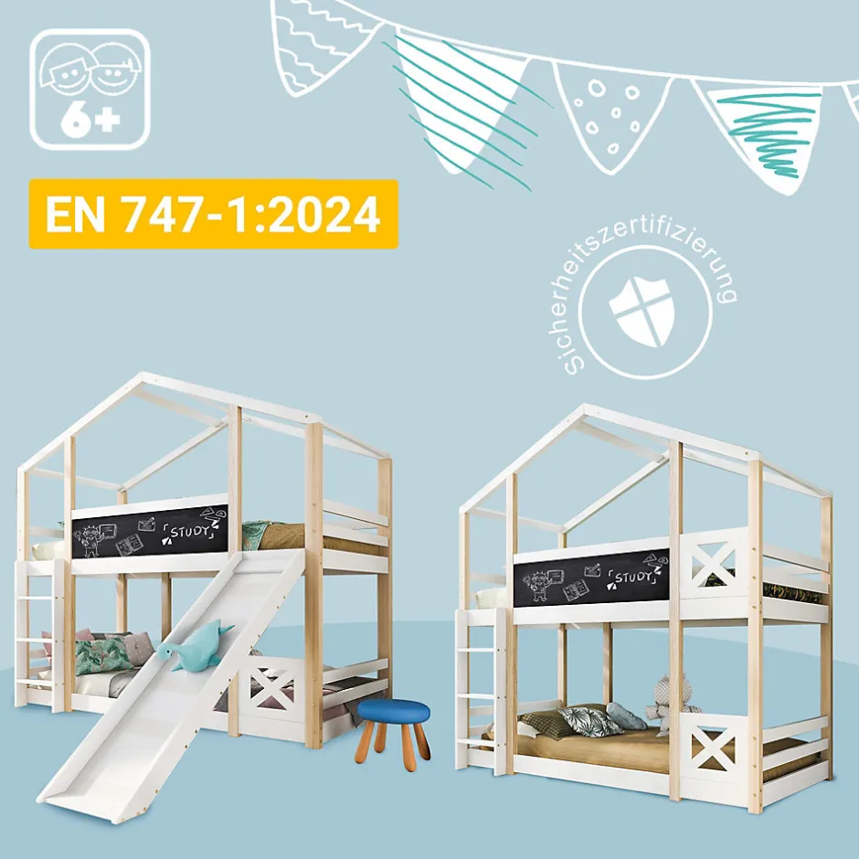 Enfant Okwish Lit superposé 90x200 cm - Lit cabane enfant avec toboggan et échelle - Bois massif - Sommier extensible - Sans matelas - Blanc