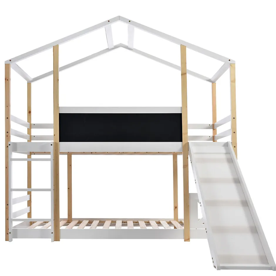 Enfant Okwish Lit superposé 90x200 cm - Lit cabane enfant avec toboggan et échelle - Bois massif - Sommier extensible - Sans matelas - Blanc