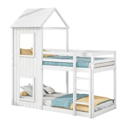 Okwish Lit Superposé 90x200 cm - Lit Cabane enfant avec Échelle et Baldaquin - Bois de Pin - Sans Matelas - Blanc Clearance
