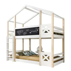 Okwish Lit superposé 90x200 cm - Lit cabane enfant avec échelle et barrières - Bois massif - Sans matelas - Blanc Clearance