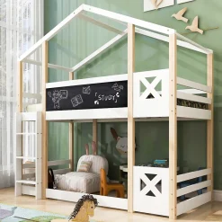 Okwish Lit superposé 90x200 cm - Lit cabane enfant avec échelle et barrières - Bois massif - Sans matelas - Blanc Clearance