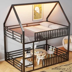 Okwish Lit superposé 140x200 cm - Lit double avec design cabane et barrières - Métal - Sans matelas - Noir New