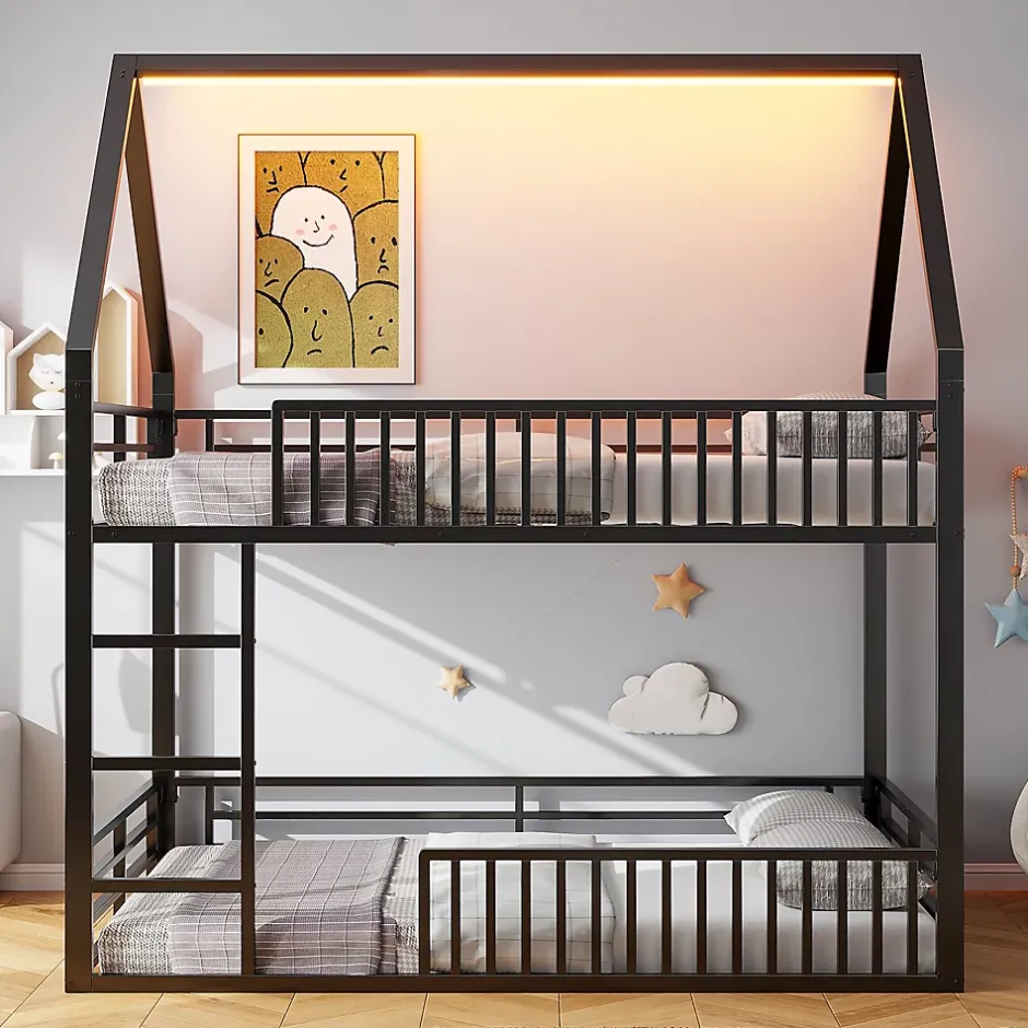 Okwish Lit superposé 140x200 cm - Lit double avec design cabane et barrières - Métal - Sans matelas - Noir New