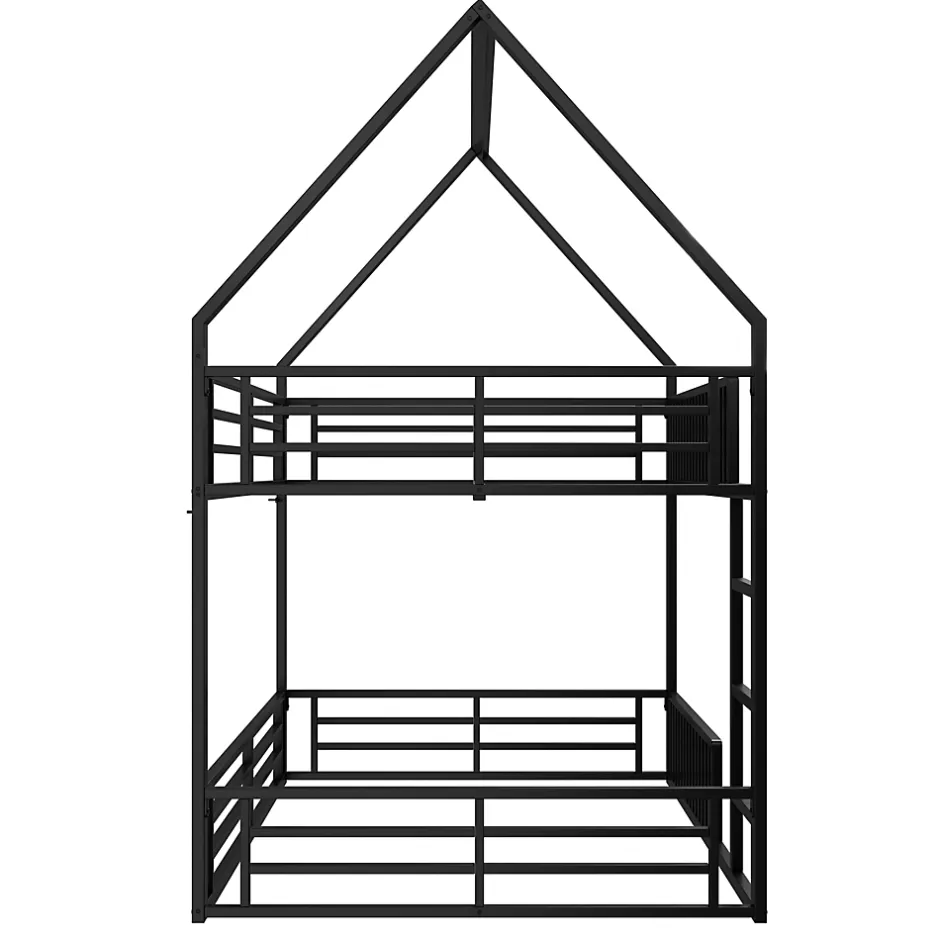 Okwish Lit superposé 140x200 cm - Lit double avec design cabane et barrières - Métal - Sans matelas - Noir New