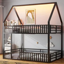 Okwish Lit superposé 140x200 cm - Lit double avec design cabane et barrières - Métal - Sans matelas - Noir New