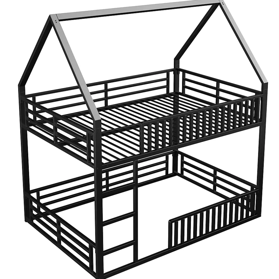 Okwish Lit superposé 140x200 cm - Lit double avec design cabane et barrières - Métal - Sans matelas - Noir New