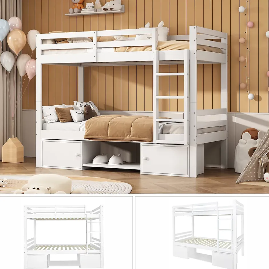Okwish Lit superposé 90x200 cm - Lit enfant avec 2 tiroirs et porte chaussures - MDF + Pin - Sans matelas - Blanc Hot