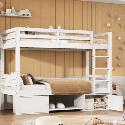 Okwish Lit superposé 90x200 cm - Lit enfant avec 2 tiroirs et porte chaussures - MDF + Pin - Sans matelas - Blanc Hot