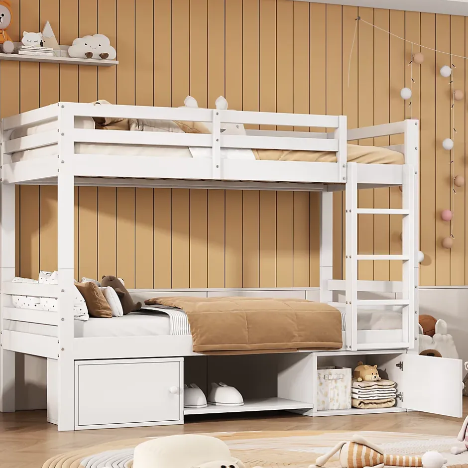 Okwish Lit superposé 90x200 cm - Lit enfant avec 2 tiroirs et porte chaussures - MDF + Pin - Sans matelas - Blanc Hot