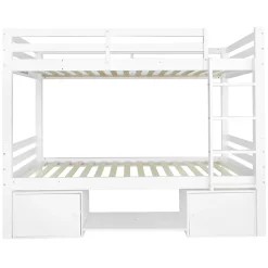 Okwish Lit superposé 90x200 cm - Lit enfant avec 2 tiroirs et porte chaussures - MDF + Pin - Sans matelas - Blanc Hot