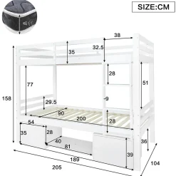Okwish Lit superposé 90x200 cm - Lit enfant avec 2 tiroirs et porte chaussures - MDF + Pin - Sans matelas - Blanc Hot